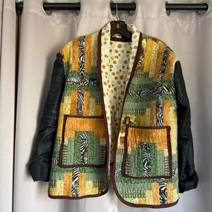 Handmade, One of One Quilt Coat/Jacket with Black Faux Leather Sleeves